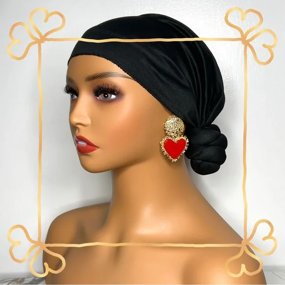 ❀ Chunky Gold & Red Valentines Heart Drop Pierced Earrings - Picture 2 of 5